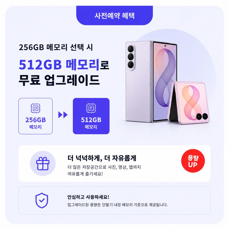 사전예약 혜택 — 256GB 메모리 선택 시 512GB 메모리로 무료 업그레이드. 더 넉넉하게 더 자유롭게, 더 많은 저장공간으로 사진·영상·앱까지 여유롭게 즐기세요. 업그레이드된 용량은 단말기 내장 메모리 기준으로 제공됩니다.